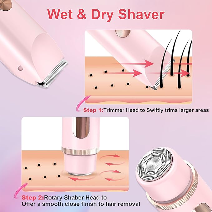 Bikini Trimmer for Women, Cordless& Painless& Waterproof Dual Head Shaver for Women Private Area& Face& Body, 2-in-1 Electric Razors, Bikini Shaver, Hair Trimmer with LCD, Travel Grooming Kit