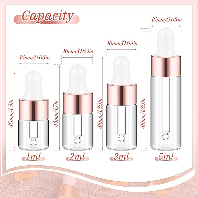 100 Pcs Mini Glass Oil Dropper Bottle Bulk, Clear Essential Small Empty Bottles Sample Containers Perfume Liquid Vials with Cap for Traveling (1ml,2ml,3ml,5ml,Rose Gold)