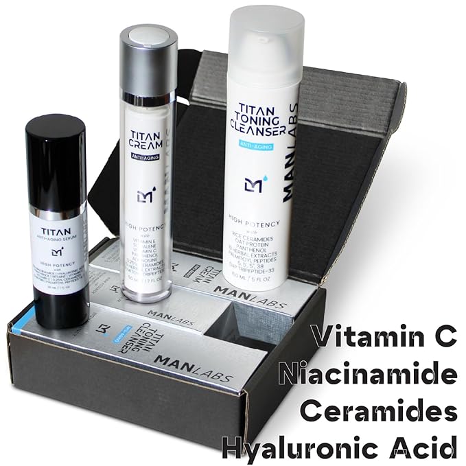 Titan Anti-Aging Mens Skin Care Kit – Cleanser, Face Serum, Mens Face Moisturizer – Men, Skin Care Set – Dark Spots, Wrinkles, Fine Lines – Vitamin C, Niacinamide, Ceramides, HA – Unscented