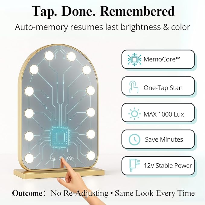 LUXFURNI Vanity Mirror with Lights, 20.5" L x 13" W Arched LED Makeup Mirror, Lighted Makeup Mirror with Lights, Smart Touch Control Dimmable 3 Modes Light, Gold