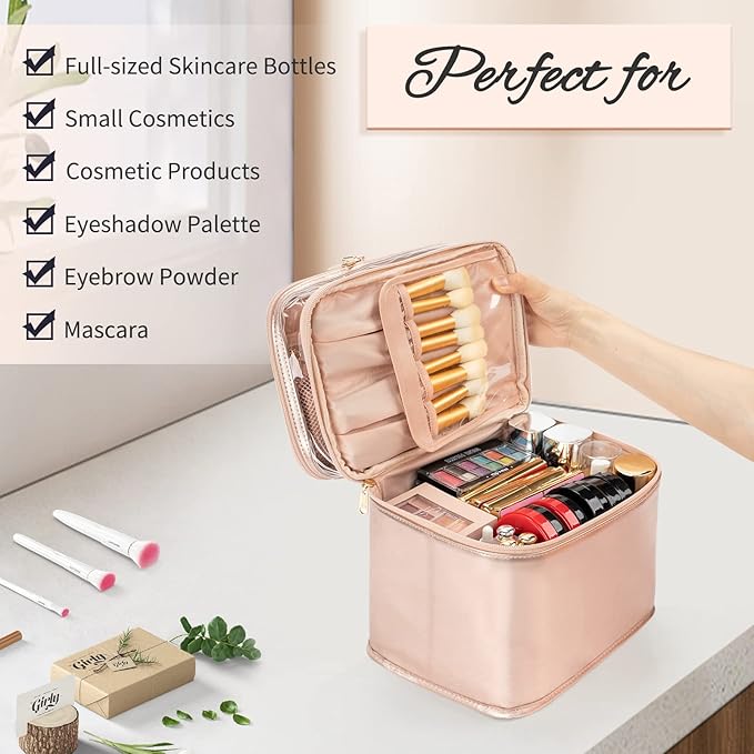 OCHEAL Large Makeup Bag, Double Layer Makeup Bag, Vertical Storage Cosmetic Case for Women/Girls with Multiple Compartments-Rose Gold