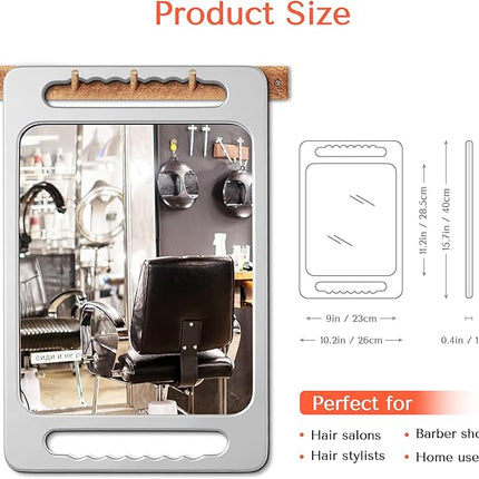 TASALON Unbreakable Hand Mirror with Double Handle- Large Handheld Barber Mirror for Hair and beauty Salon - Durable Hand Held Mirrors for barbershop - Haircut Mirror with Double Handgrip- Silver Gray