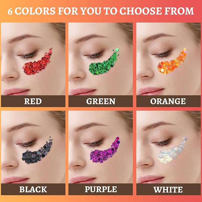 Teenitor 6 Colors Body Glitter Face Glitter for Women Kids, Halloween-Themed Color Face, Body Hair Glitter Gel, Sparkling Glitter Gel for Festival Concerts Cheer