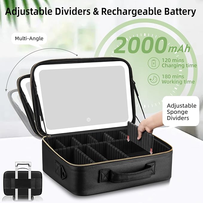 15“×11“Professional Makeup Train Case,Large Waterproof Travel Makeup bag with Mirror and Light, Leather Black Make up Bag with Mirror and Light,Led Makeup Case with Adjustable Dividers