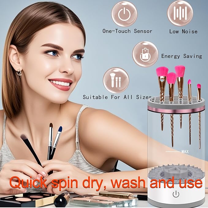 Electric Makeup Brush Cleaner Machine: Portable Face Beauty Brushes Cleaning Blender with Silicone Holder, Facial Care Tool Washer, Sponge Washing Device, Girls Travel Cosmetic Organizer (White)