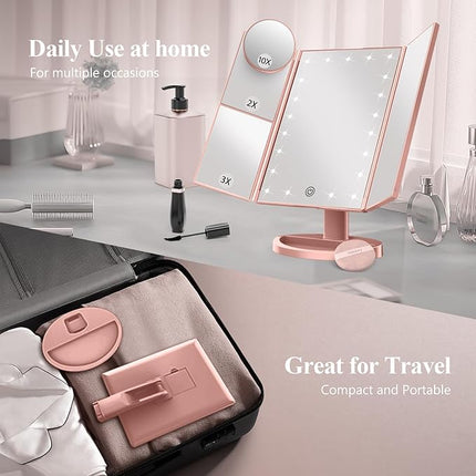 HUONUL Makeup Mirror, Vanity Mirror with Lights, 2X/3X/10X Magnification, Touch Control, Trifold, Dual Power Supply, Valentines Day Gifts for Her,Gifts for Women, Wife, Mom, Girls,Dorm Room Essentials