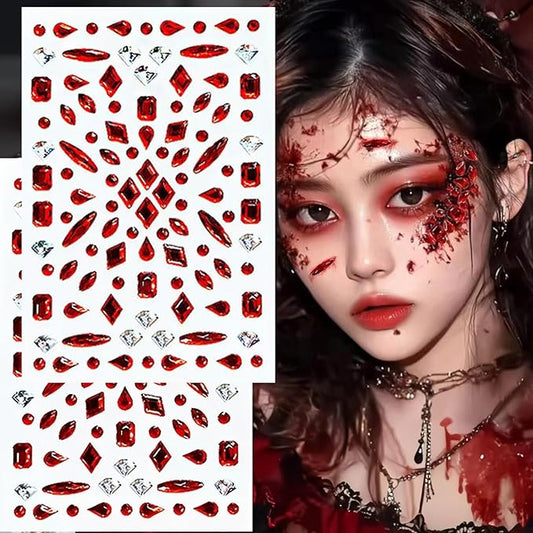 Face Jewels Stick on Face Costume Red Gems Self-Adhesive Makeup Halloween Dress Up Rhinestone Stickers for Festival Holiday Party Accessories (red_scar)