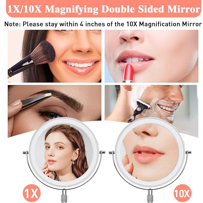 Lighted Makeup Mirror with Magnification, 10X 8’’Rechargeable Double Sided Vanity Mirror with Lights Magnifying Makeup Mirror with 3 Color Light with 360° Rotation, Detachable Base