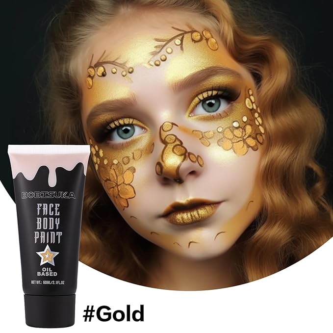 BOBISUKA Gold Face Body Paint, Metallic Oil-based Painting Kit, Cream Blendable Facepaint for Halloween Cosplay, Costume, Parties, Stage, Theater, SFX Special Effect Makeup（2.1 Fl.oz）