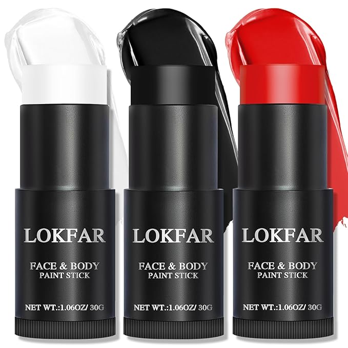 Black & Red & White Face Body Paint Stick, White Foundation Makeup, Football Baseball Eye Black Stick, Professional Halloween Face Makeup Kit for Zombie Clown Vampire Skeleton Joker Costume