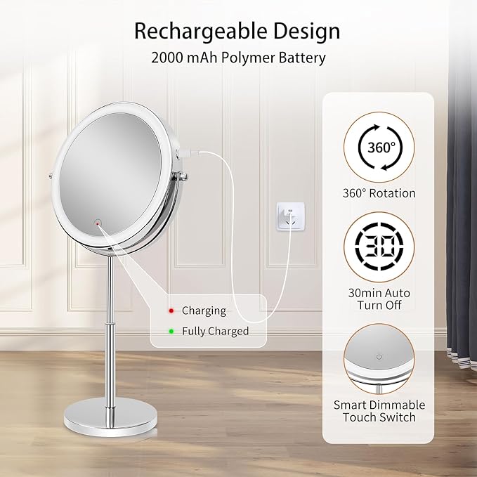 8”Large Makeup Mirror with Lights,1X/10X Rechargeable True Height Adjustable HD Magnifying Mirror with 3 Color Dimmable Lights,360° Rotation Double Sided Vanity Makeup Mirror,Gift for Women (Silver)