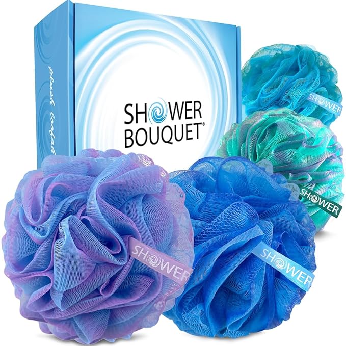 SHOWER BOUQUET Loofah Bath-Sponge XL Swirl-Deep-4-Pack // Extra Large 75g Soft Mesh Net Luffa Loofa Loufa Lufa Puff Set/Exfoliating Body Scrubber for Women and Men - Exfoliate & Soothe Face & Body