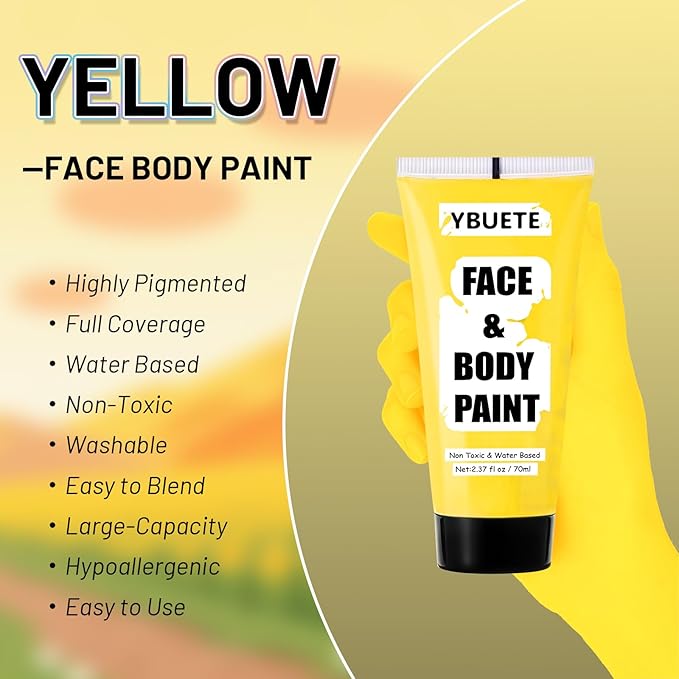 Yellow Water Based Face Body Paint, 2.37 OZ Large Tube Full Coverage Face Paint for Lion Tiger Cosplay, Washable Yellow Body Painting Cream for Adult Carnival Stage Halloween SFX Makeup