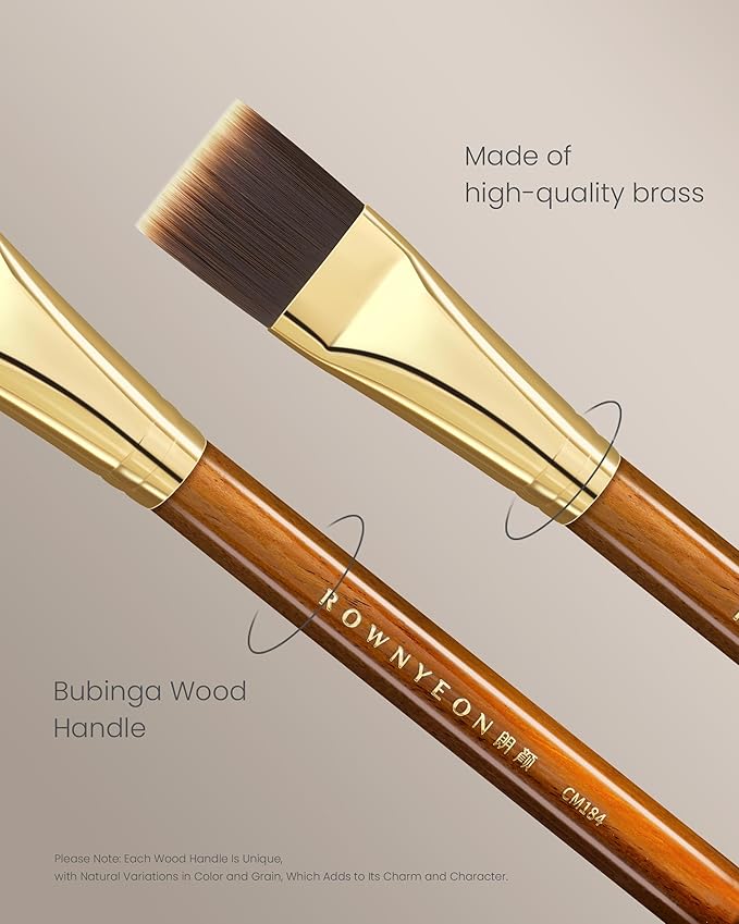 Desert Oak Series Foundation Master Duo Brush Set - CM 184 Liquid Flat Top & CM 185 Cream Angled Brush for All Foundation Types, Bubinga & Brass