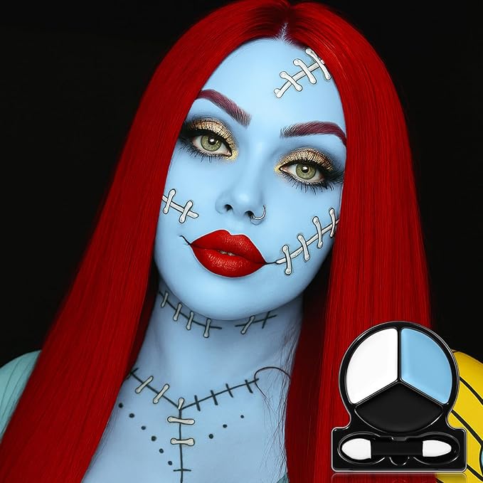 White Black Light Blue Face Body Paint with Applicator, Oil Based Face Painting Kit for Halloween Dead Bride, Blue Alien, Scary Doll Makeup, Cosplay, Costume, SFX Special Effect and Theme Parties