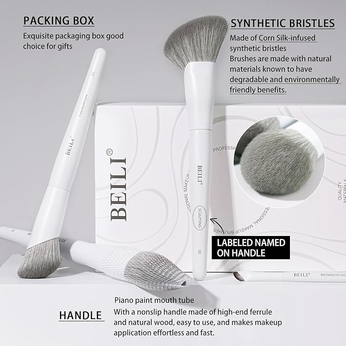 BEILI Makeup Brush Set,White Makeup Brush Set, 12 Vegan Makeup Brushes for Powder Foundation, Concealer, Eyebrows, Eyeshadow, Contour, Eyeliner, Blender Eye Brush