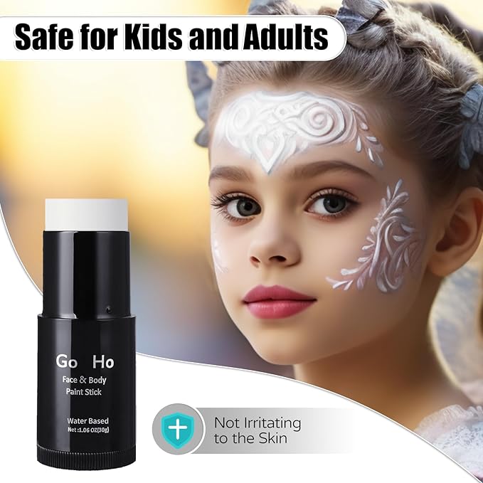 Go Ho White Face Paint,Washable Formula Face Paint Stick,Non-toxic Full-coverage Cream to Powder White Face Body Paint for Halloween Cosplay Zombie Skeleton Clown Goth Makeup