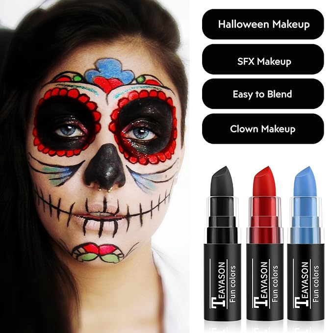 Red Blue Black Face Paint Halloween Makeup Kit, Matte Lipstick Set Football Baseball Eye Black Stick, Body Paint Face Makeup for Halloween Zombie Clown Vampire Joker