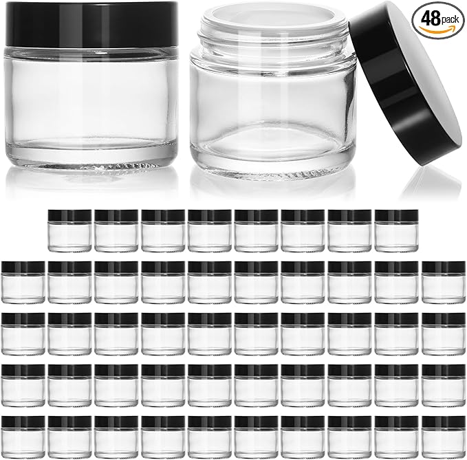 KEYWING 2 oz Small Glass Jars with Black Lids, 48 Pack Clear Glass Cosmetic Jars, Empty Sample Container with Inner Liners for Lotions, Cream, Ointments and Powders