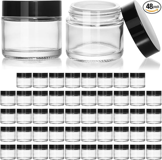 KEYWING 2 oz Small Glass Jars with Black Lids, 48 Pack Clear Glass Cosmetic Jars, Empty Sample Container with Inner Liners for Lotions, Cream, Ointments and Powders