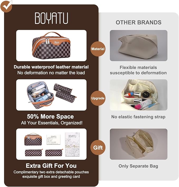 BOYATU Travel Makeup Bag Cosmetic Bags for Women: 3 Pcs Set Portable Make up Bag with Handle - Vegan Leather Toiletry Bags with Compartments - Makeup Organizer for Travel Essentials(02-Brown)