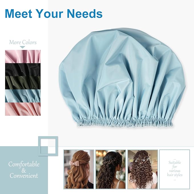 Shower Cap for Women, Double Layer Waterproof Bath Cap, Reusable Hair Protector, Large Waterproof Shower Bonnet Washable Elastic Band Bath Hair Hat for Long Hair, Braids， - Blue