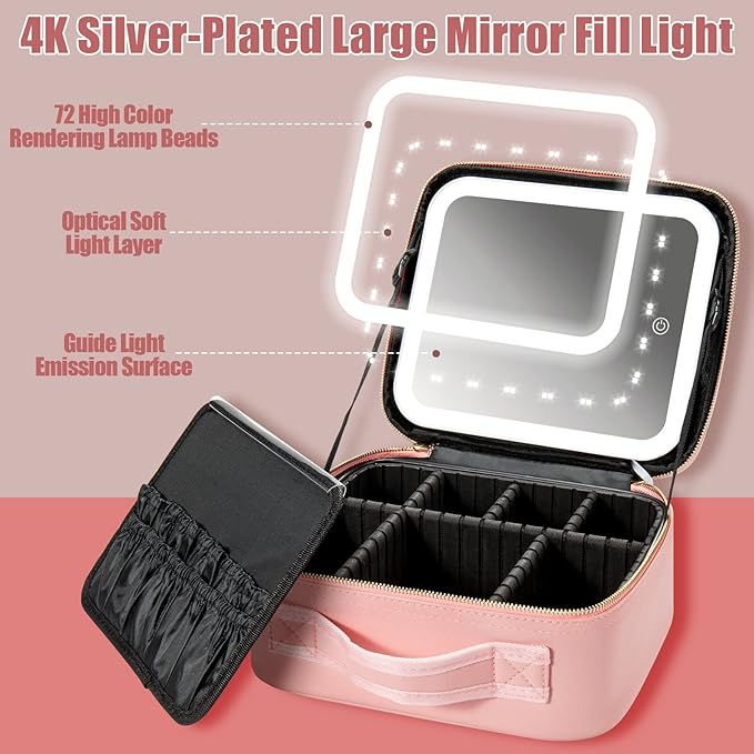 Seoneiro Makeup Travel Bag with LED Lighted Mirror Adjustable Brightness Portable Waterproof Makeup Case with Adjustable Dividers, Make up Train Case Organizer Makeup Brush Accessories and Tool Case