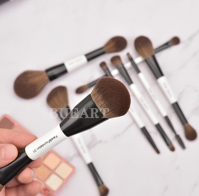 Portable Makeup Brush Set 8pcs Dual Kabuki Powder Concealers Eye shadows Blush Eyeliner Eyebrow Contour Eye blending Brushes (8 IN 16 brush set with waterproof bag)