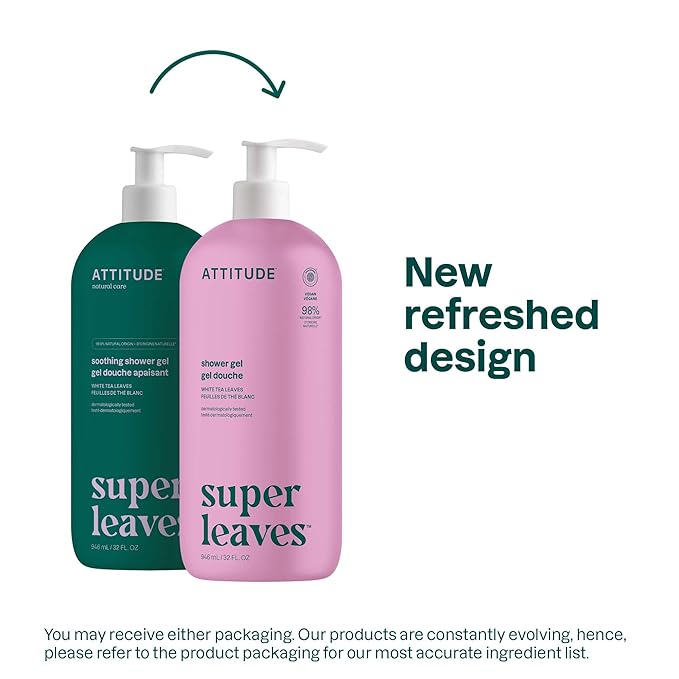 ATTITUDE Body Wash, EWG Verified Shower Gel, Dermatologically Tested, Plant and Mineral-Based, Vegan Personal Care Products, White Tea Leaves, 32 Fl Oz (Pack of 6)