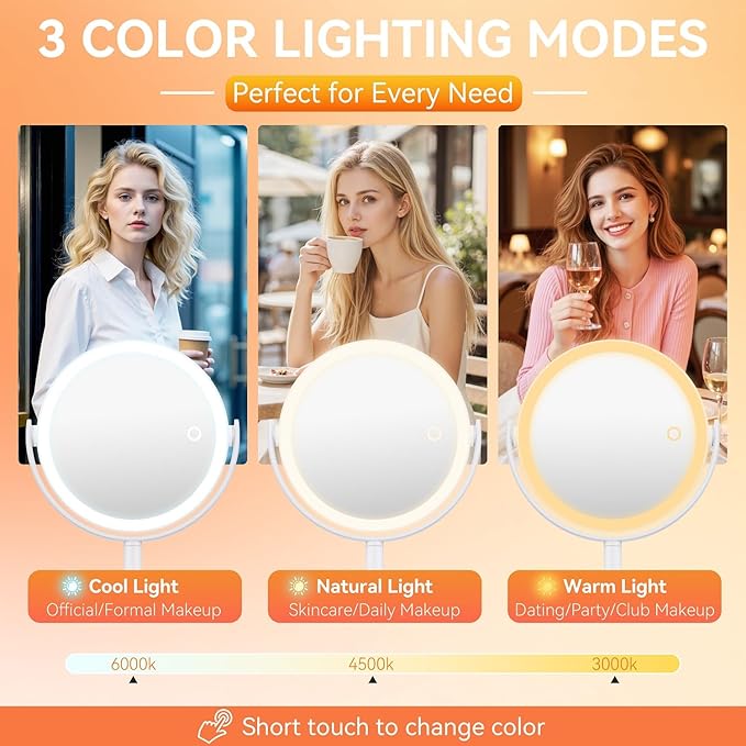 Makeup Mirror with Lights, Double Sided 30X/1X Magnifying Mirror with Light, 3 Color Stepless Dimmable with Touch Screen, Rechargeable 360° Free Standing Vanity Mirrors for Bathroom, Bedroom