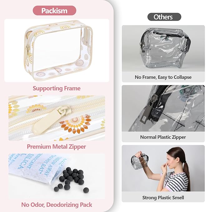 PACKISM TSA Approved Toiletry Bag - Beige Bohemian Print Clear Cosmetic Bag, Suitable for Gifts, with Supporting Frame, Perfect for Travel Essentials, Thick No Smell