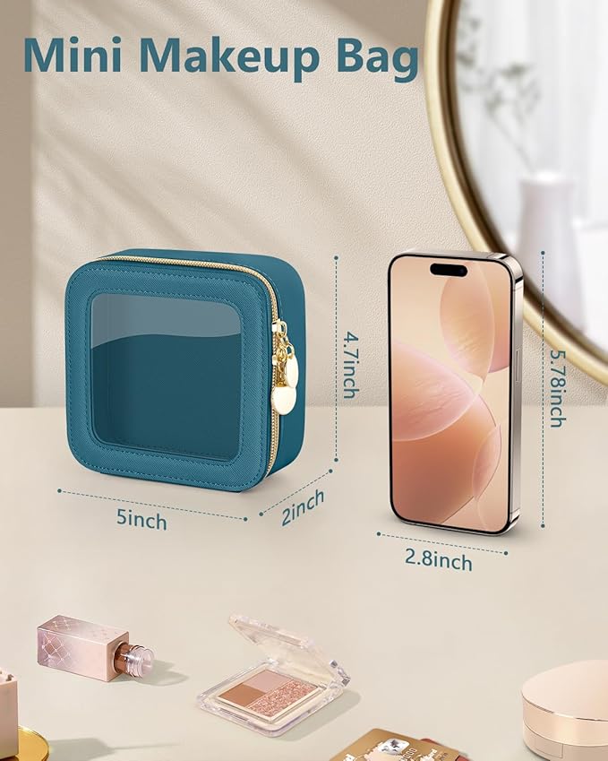 Mini Makeup Bag, Small Makeup Bag for Purse, Waterproof Clear Makeup bag, Leather Cosmetic Bag, Square Make Up Bag Pouch, Toiletry Bag for Travel, Car and Women, Blue