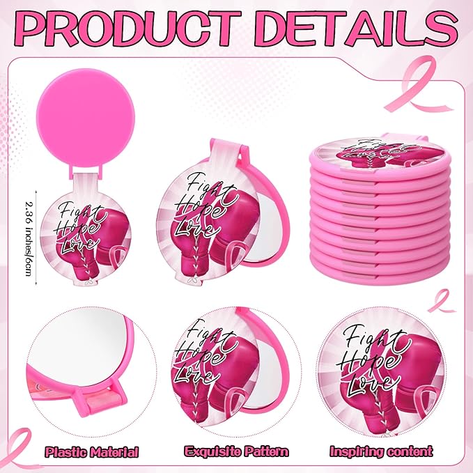 60 Sets Breast Cancer Awareness Gifts for Women Inspirational Folding Pocket Round Compact Mirrors with Motivational Cards Pink Ribbon Boxing Gloves Breast Cancer Survivor Gifts