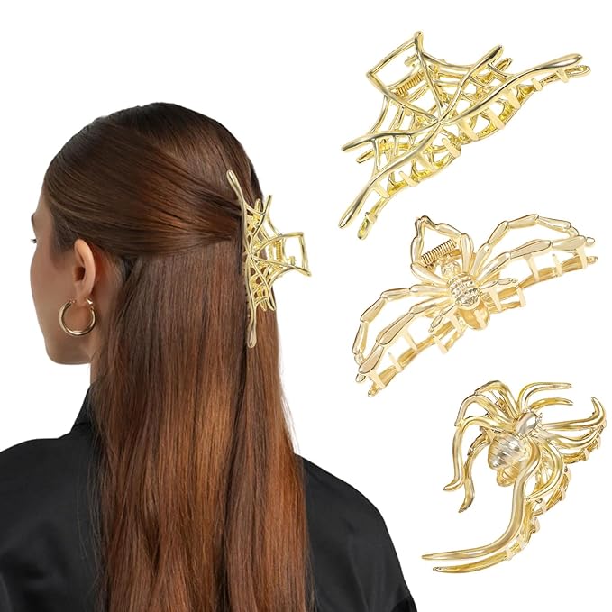 3 Pcs Halloween Claw Clips for Women, Gothic Hair Claws Metal Spider Big Jaw Clamps Hair Accessories for thick Hair Styling Tool Holiday Gifts(Golden)