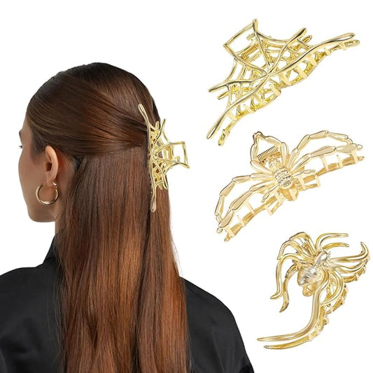 3 Pcs Halloween Claw Clips for Women, Gothic Hair Claws Metal Spider Big Jaw Clamps Hair Accessories for thick Hair Styling Tool Holiday Gifts(Golden)