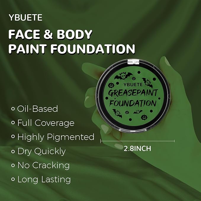 Green Oil Based Face Paint Foundation, Professional Green Greasepaint for St. Patrick's Day, Halloween Face Body Paint for Witch Shrek Hulk Goblin SFX Costume Makeup