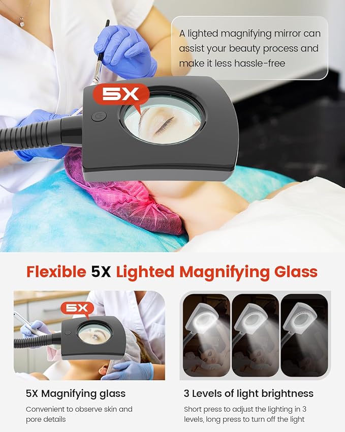 Kingsteam 2-in-1 Salon Grade Professional Facial Steamer with 5X Magnifying Lamp,Esthetician Steamer for Women,Hot Mist Face Steame: 2 Adjustable Steam Levels, 60 Min Timer & 3-Level LED Light (Black)