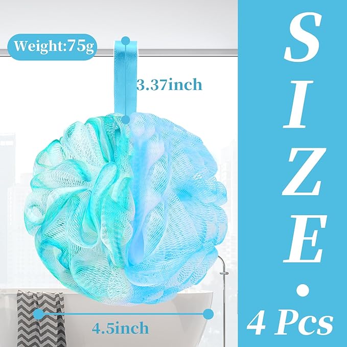 Bath Loofah Shower Sponge Body Back Scrubber Soft Mesh Shower Puffs Exfoliating Loofa for Women & Men Bath Accessories Cleaning Tool (4Pcs 75G, Extra Large)