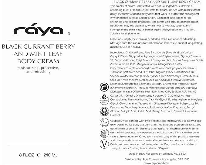 Raya Black Currant Berry and Mint Leaf Body Cream 16 oz (S-522) | Natural & Moisturizing Body Cream | Hydrates, Calms, and Prevents Dehydration and Irritation