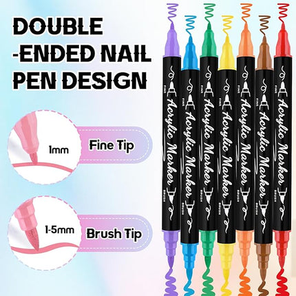 Kalolary 12 Colors Nail Art Pens Set, 3D Nail Polish Pens Double-Ended Acrylic Paint Pen Nail Art Markers Quick-Dry Nail Art Tools for Dotting Drawing Painting DIY Nail Art Beauty Manicure（B）
