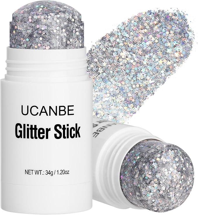 UCANBE Silver Body Glitter Stick for Singer Concerts Music Festivals, Face Glitter Makeup for Face Body Hair Eyes & Lips, Chunky Glitter Sparkling Mermaid Sequins for Women 1.2OZ