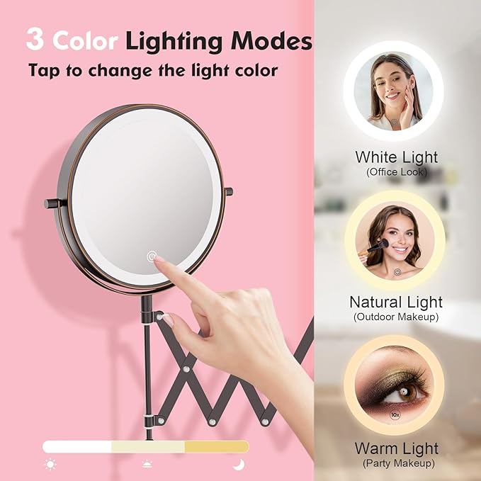 Rechargeable Wall Mounted Makeup Mirror - 8 Inch Double Sided 1X/10X Magnifying Mirror with 3 Color Lights Dimmable Touch Screen, 360°Swivel 19.6 Inch Extendable Accordion Bathroom Mirror