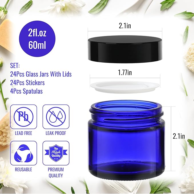 2 oz Blue Glass Jars with Lids 24Pack, Small Jars with Lids 2 oz with Inner Liners for Sample, Powder, Cream, Lotion and Ointments with Stickers & Spatulas Included