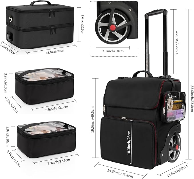 Large Makeup Train Case with a Large Makeup Travel Case for Hairstylist, Hairdresser Bag with Detachable Pouch,Heat Insulation and Anti-scalding for Hairdressing Tool Organizer 2 in 1, Big wheels