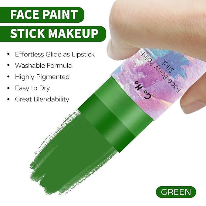 Go Ho Water Based Green Face Body Paint Stick,Non-Toxic Face Painting,Easy-to-use Facepaint for Halloween Costumes Cosplay SFX Hulk Gamora Witch Clown Makeup,0.63oz