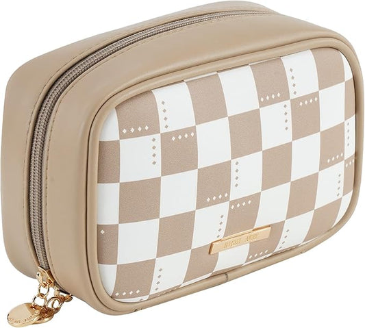 RIGHT AWAY Checkered Makeup Bag for Purse,Small Cosmetic Bag Organizer for Women, Travel Make Up Pouch Waterproof Toiletry Bag Cute Makeup Case for Travel Accessories(Khaki Checkerboard)