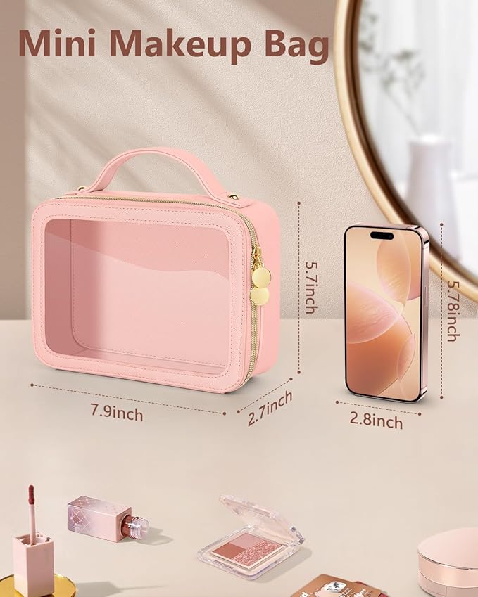 Clear Makeup Bag, Portable Travel Cosmetic Bags, Multipurpose Leather Toiletry Bag with Zipper, Waterproof Transparent Cosmetic Organizer for Women, Medium, Pink