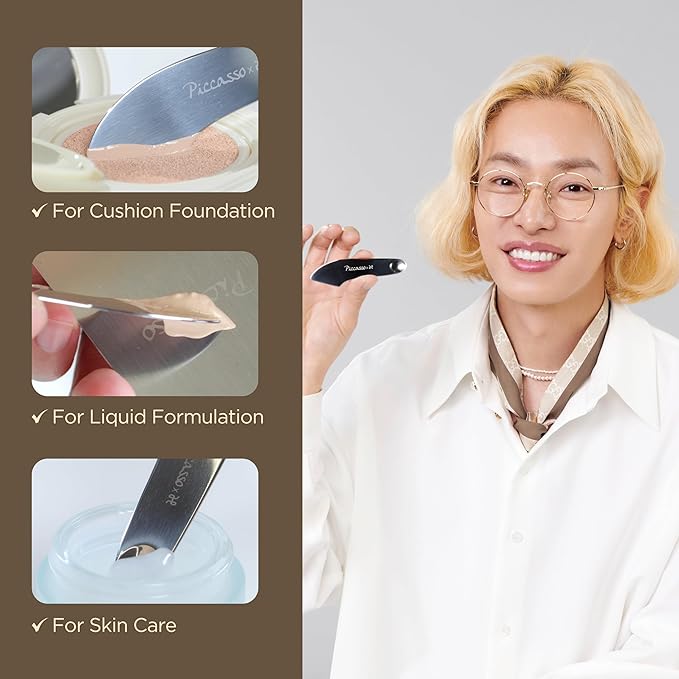 Piccasso 2-Way Makeup Spatula – Professional Foundation & Skin Care Spatula for Face, Dual-Ended Stainless Steel Tool for Precise and Hygienic Application, Includes Leather Case