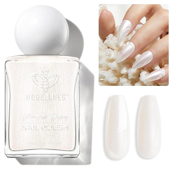 modelones Pearl White Nail Polish, Shimmer Glitter White 15 ml Quick Dry Nail Lacquer Strengthener Long Last Shine Fingernail Toe Nail Art DIY Home Travel Manicure Gift for Women Girls 0.5 Fl Oz