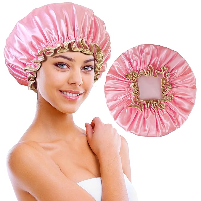 Shower Cap Reusable Waterproof, Large Shower Cap for Women, Shower Caps for Braids Long Hair, Double Layer Satin Plastic Hair Cap for Shower